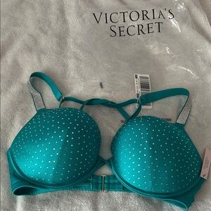 Victoria's Secret Teal Rhinestone-Embellished Push-Up Swimsuit top. Sz 38DD